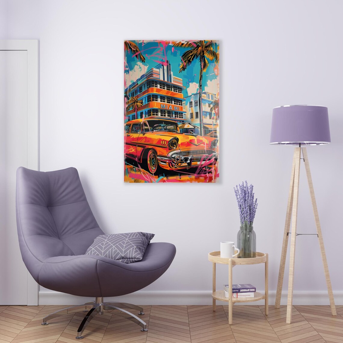 Miami Ocean Drive Vintage Red Classic Car South Beach Travel Poster