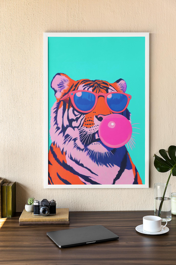 Neon Tiger With Sunglasses Blowing Pink Bubble Gum Pop Art Poster