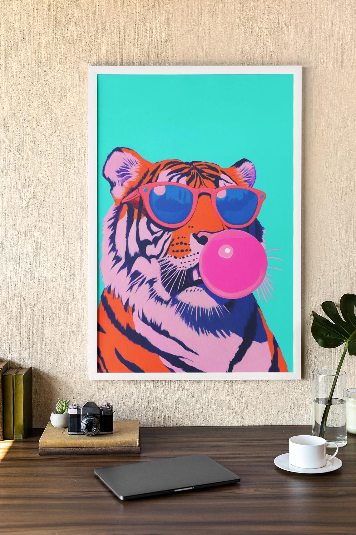 Neon Tiger With Sunglasses Blowing Pink Bubble Gum Pop Art Poster