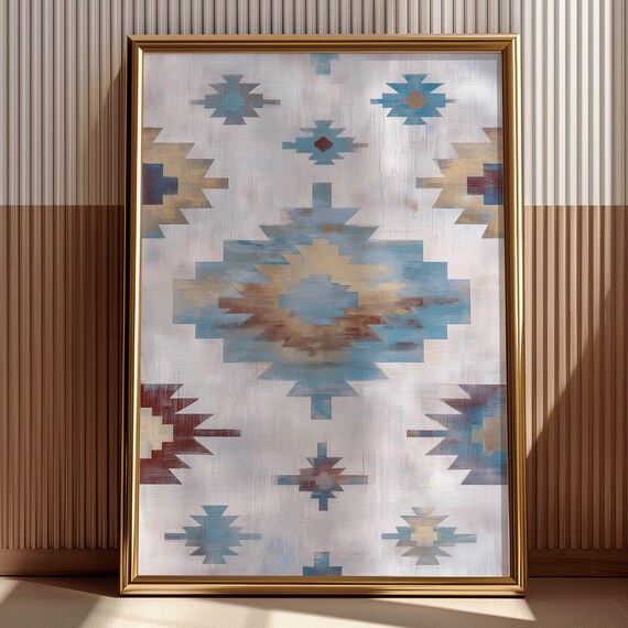 Southwestern Geometric Medallion Poster Print Dusty Blue Tan Burgundy Vintage Native Pattern Rustic Boho Wall Art 0479