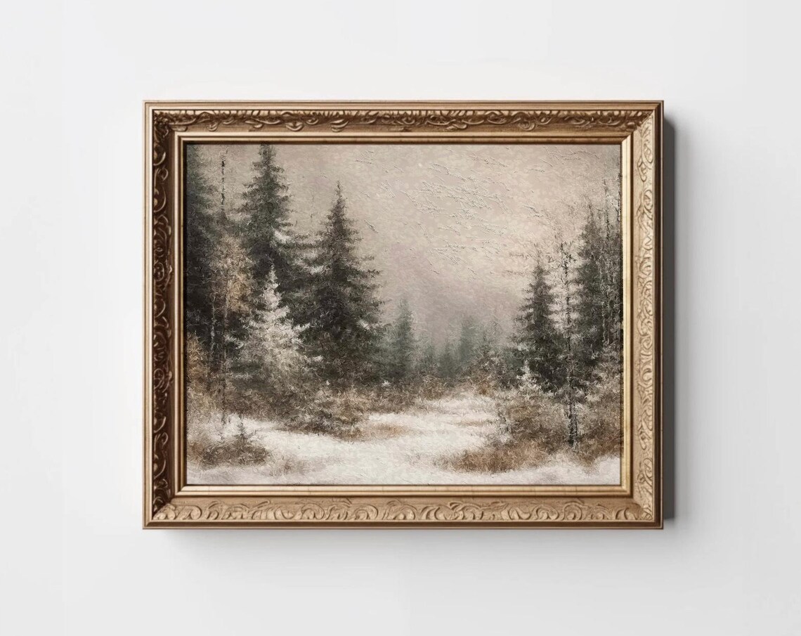 Snowy Winter Pine Forest Path Moody Vintage Landscape Art Poster