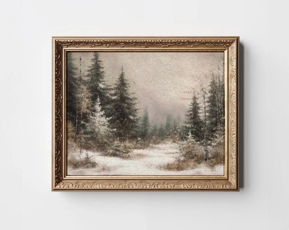 Vintage Pine Tree Landscape Painting Winter Wonderland Print Moody Forest Neutral Wall Art Snowy Trees