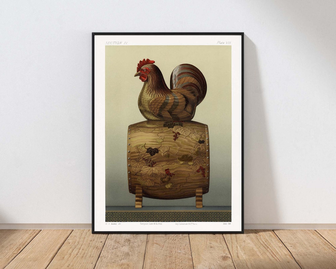 Vintage Japanese Rooster Standing on Decorated Drum Woodblock Poster