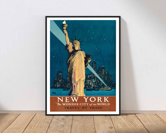 New York Vintage Travel Poster Statue of Liberty Night Skyline Train Art