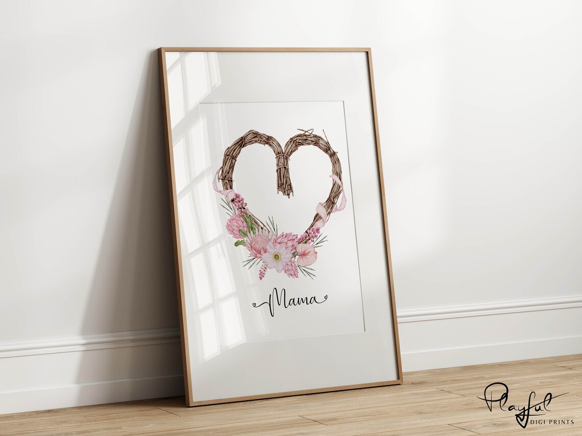 Mama Rattan Heart Wreath Pink Flowers Watercolor Mothers Day Print - Image 4