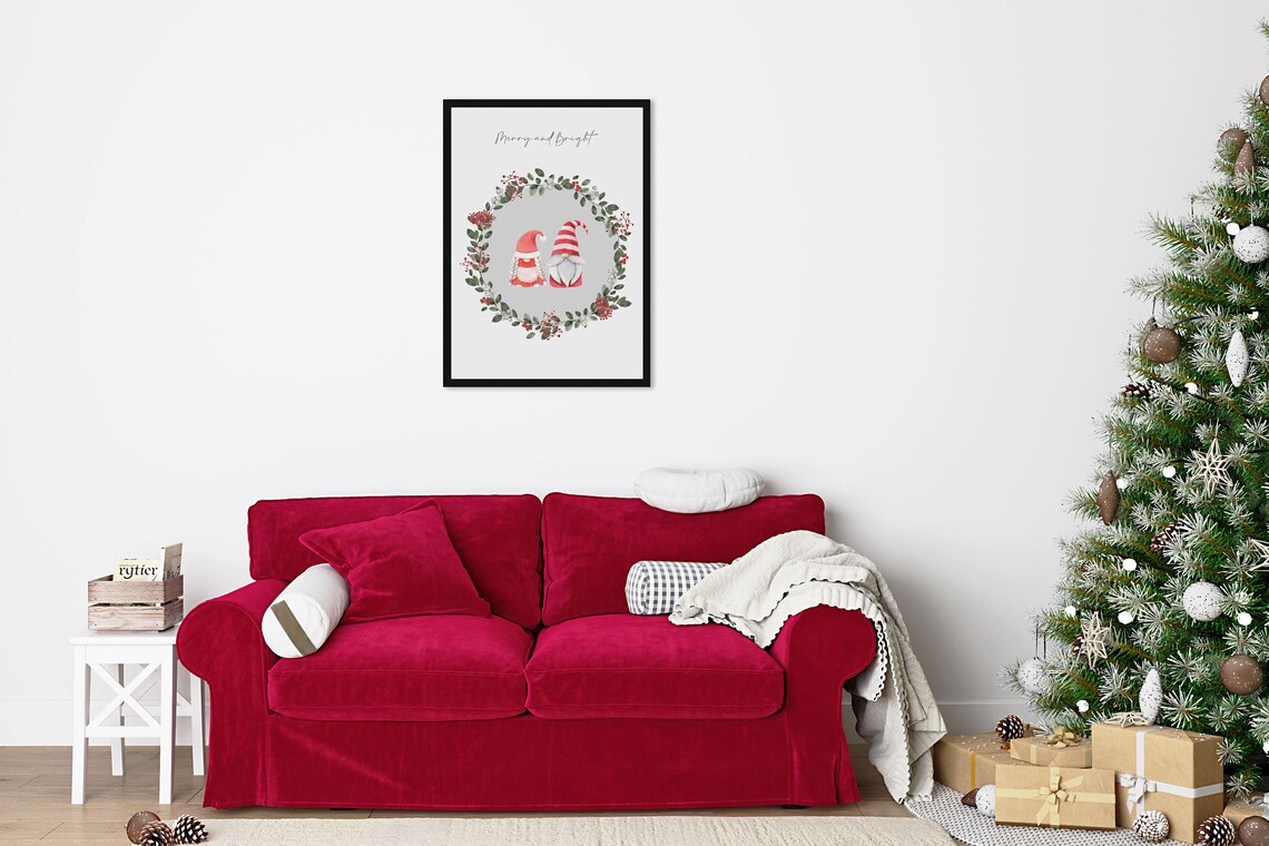 Merry And Bright Watercolour Gnome Couple Christmas Print - Image 4