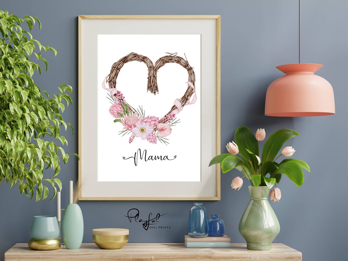 Mama Rattan Heart Wreath Pink Flowers Watercolor Mothers Day Print - Image 3