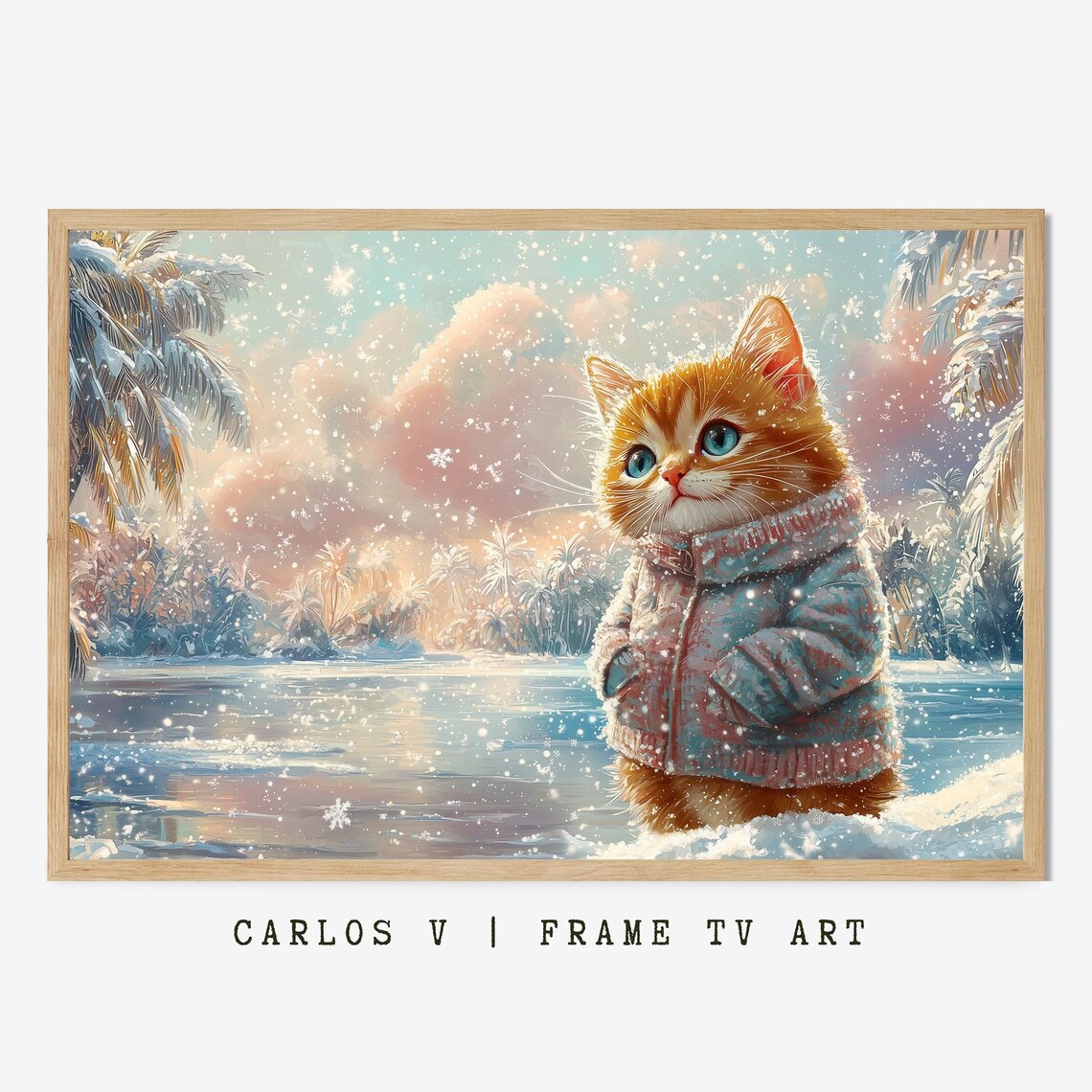 Cat With Snowflakes On Fur, Winter Illustration