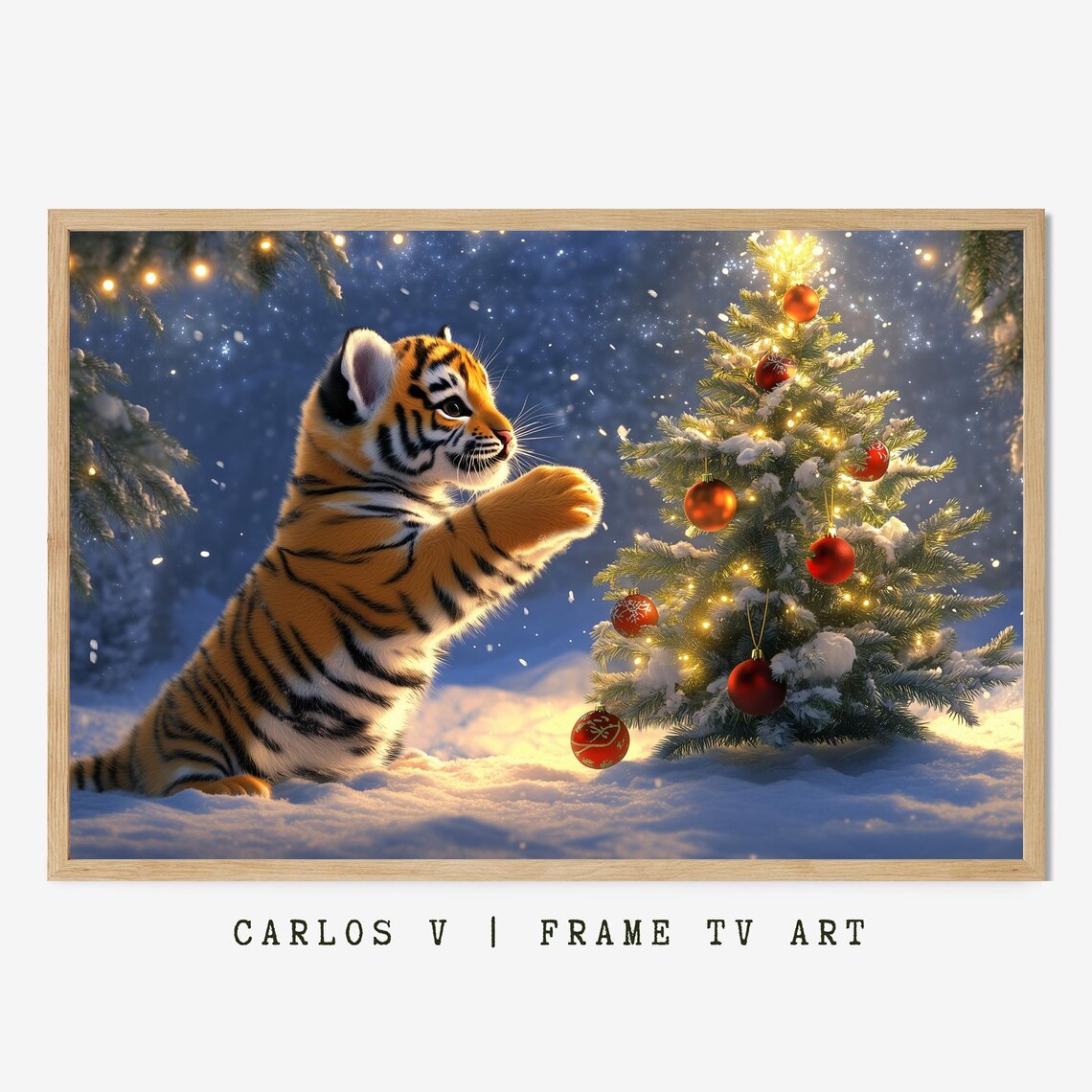 Baby Tiger Cub Reaching for Christmas Tree Ornament in Snow Poster