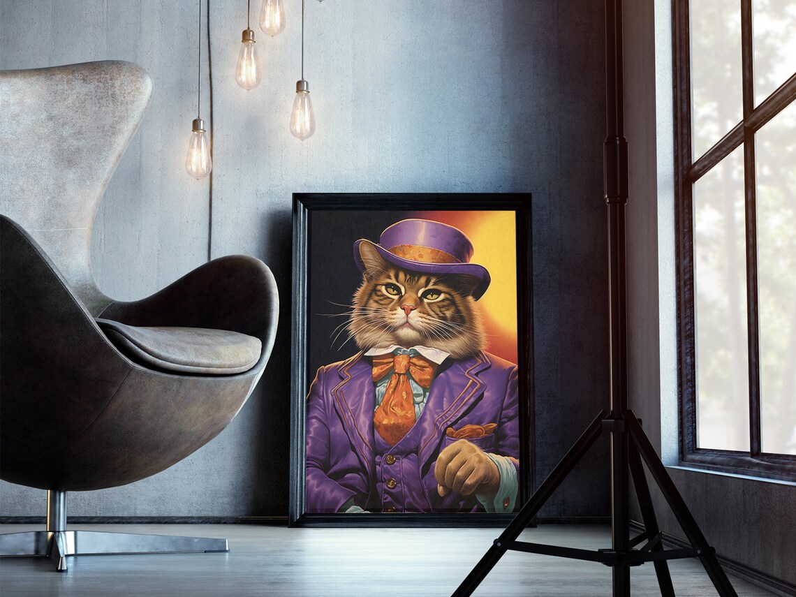 Tabby Cat Purple Suit Top Hat Dapper Gentleman Funny Cat Portrait Poster