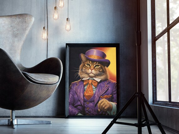 Tabby Cat Purple Suit Top Hat Dapper Gentleman Funny Cat Portrait Poster