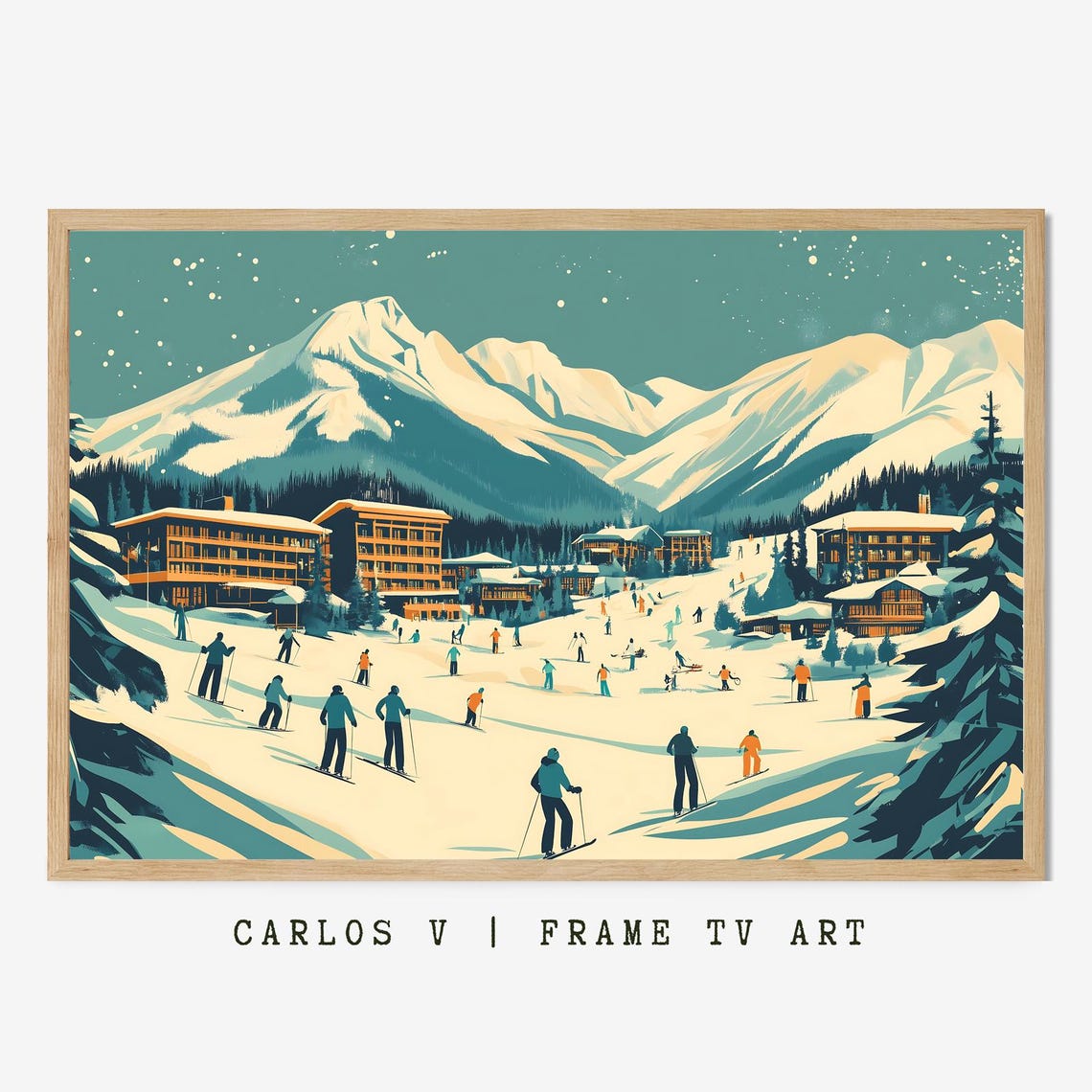 Bustling Alpine Ski Resort Village Snowy Peaks Lodges Poster