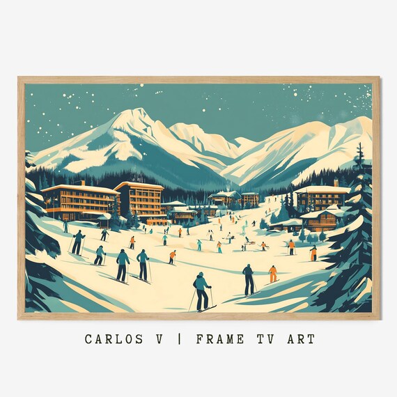 Bustling Alpine Ski Resort Village Snowy Peaks Lodges Poster
