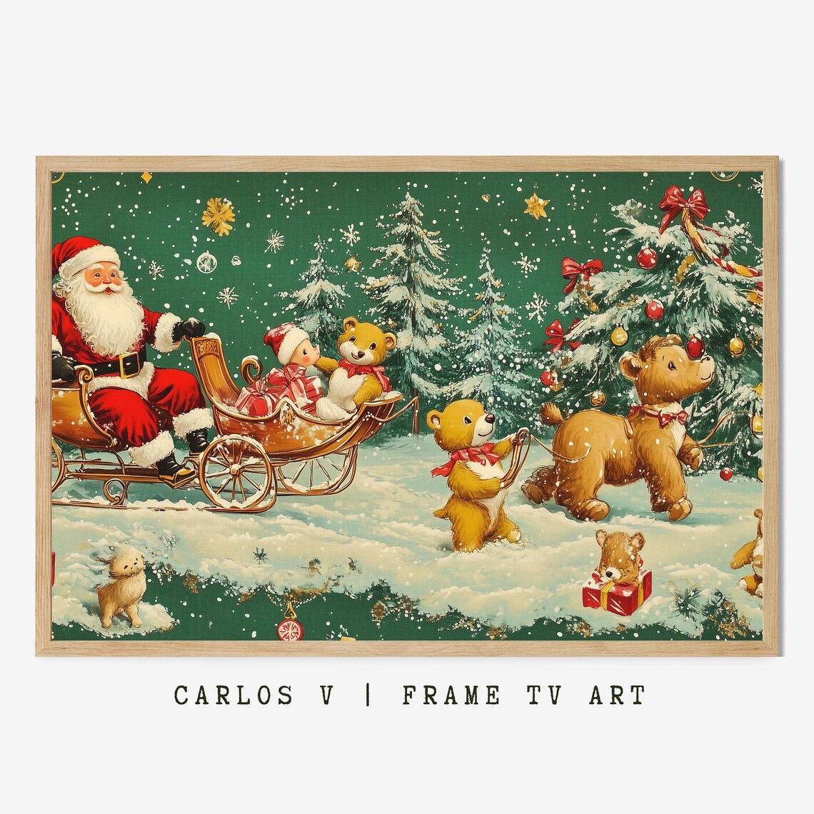 Vintage Santa In Sleigh With Bears And Cats In The Snow Poster