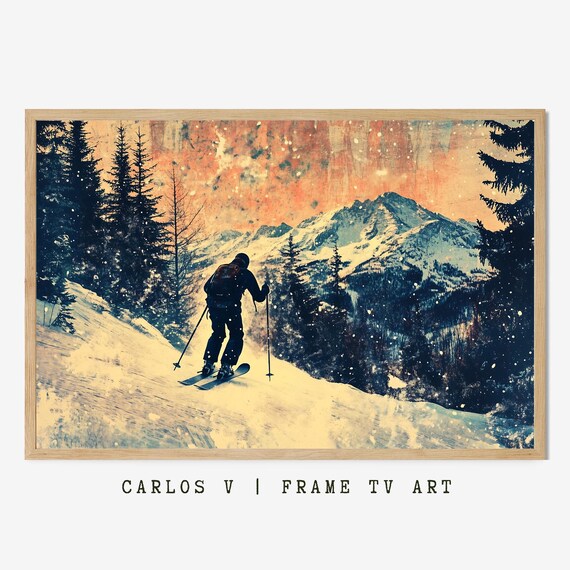 Night Skiing Adventure Silhouette Under Orange Sunset Mountain Poster