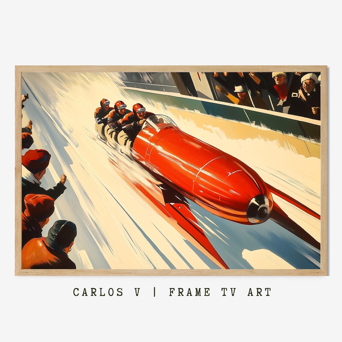 Vintage Four Man Bobsled Team Race Speeding Down Icy Track Poster