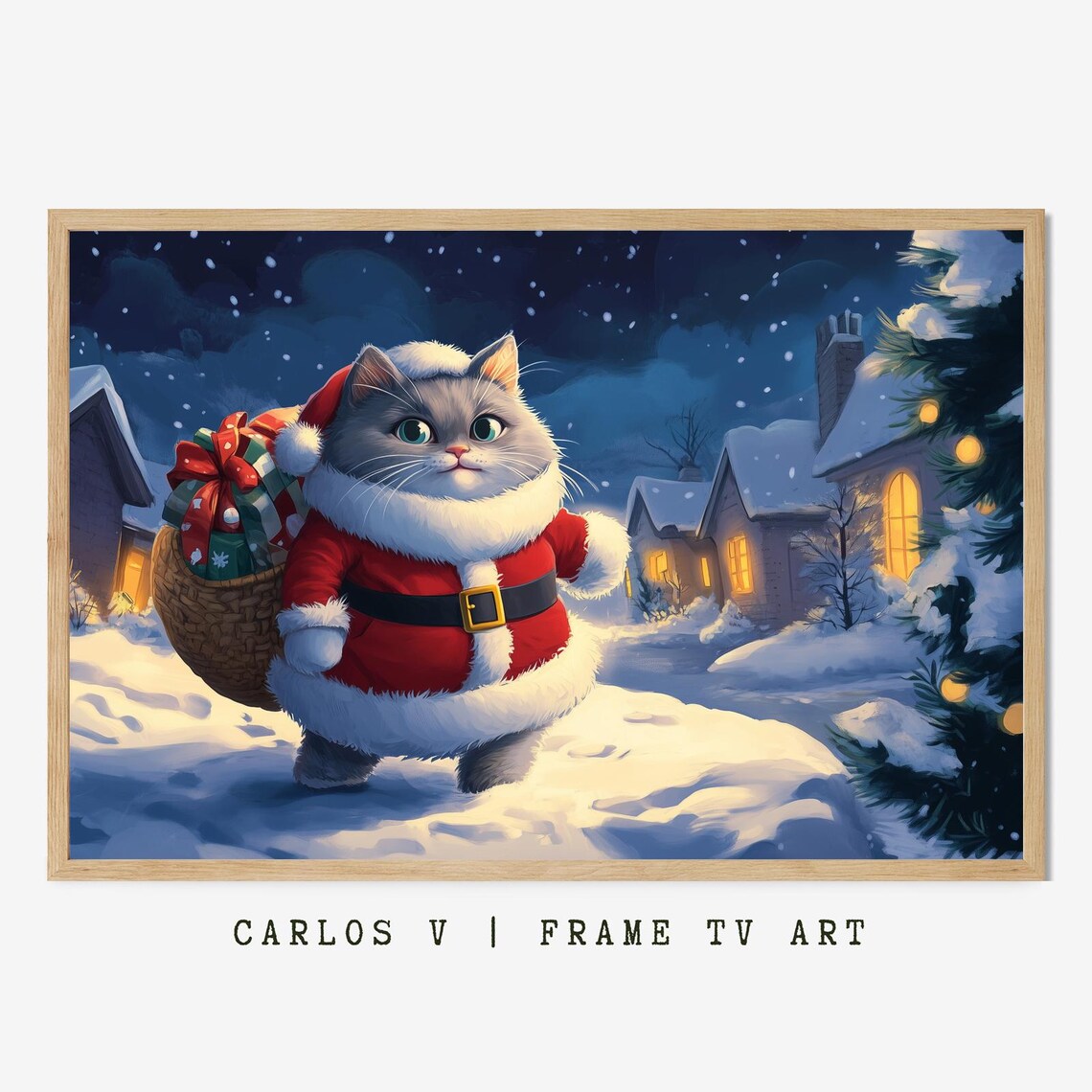 Jolly Santa Cat With A Sack Of Gifts In A Snowy Village Poster