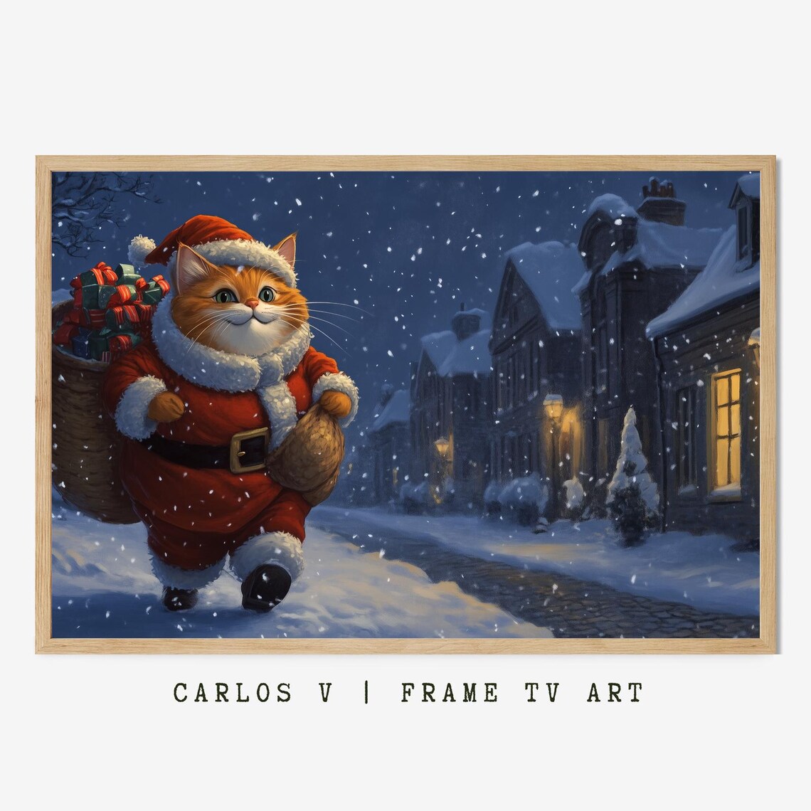 Playful Santa Cat With Gift Sack In A Festive Snowy Village Poster