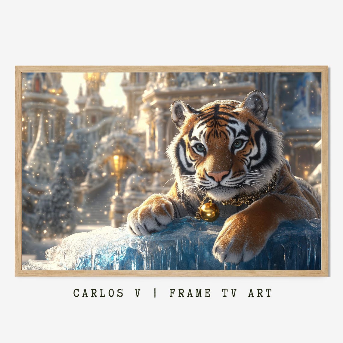 Tiger with Golden Bell Resting on Ice Fairy Tale Castle Winter Poster