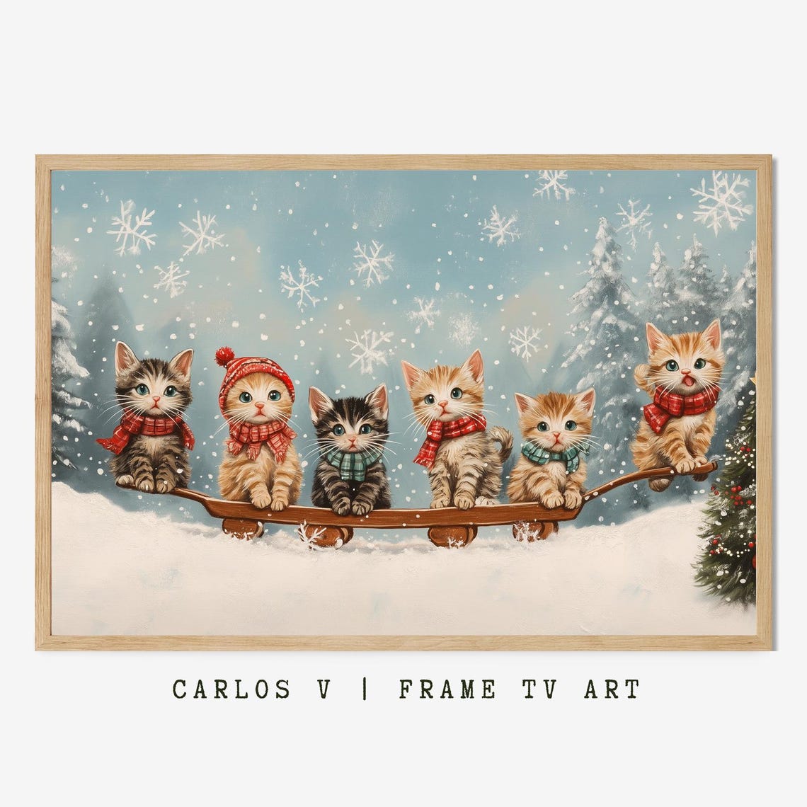 Six Kittens In Festive Scarves Sledding Through Falling Snow Poster