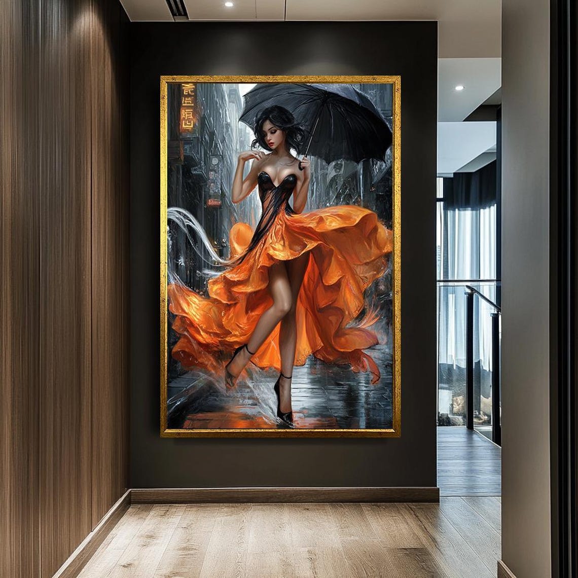 Elegant Woman In Flowing Orange Dress Print Stylish Cityscape Art Bold Fashion Artwork With Umbrella Modern Wall Art For Living Room
