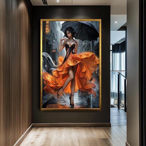 Elegant Woman In Flowing Orange Dress Print Stylish Cityscape Art Bold Fashion Artwork With Umbrella Modern Wall Art For Living Room