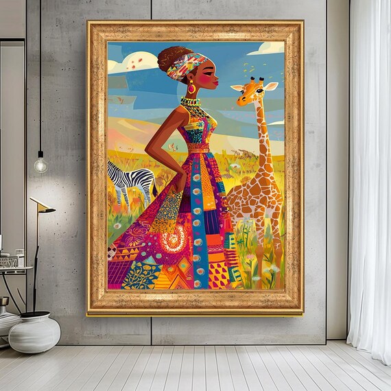 Vibrant African Woman With Giraffe Canvas Print Colorful Afrocentric Wall Artbold Tribal Dress Artworkmodern Safari Decor For Living Room