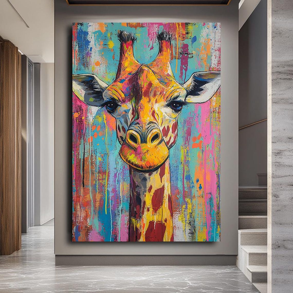 Colorful Giraffe Portrait Splash Paint Abstract Jungle Wall Art - Image 3