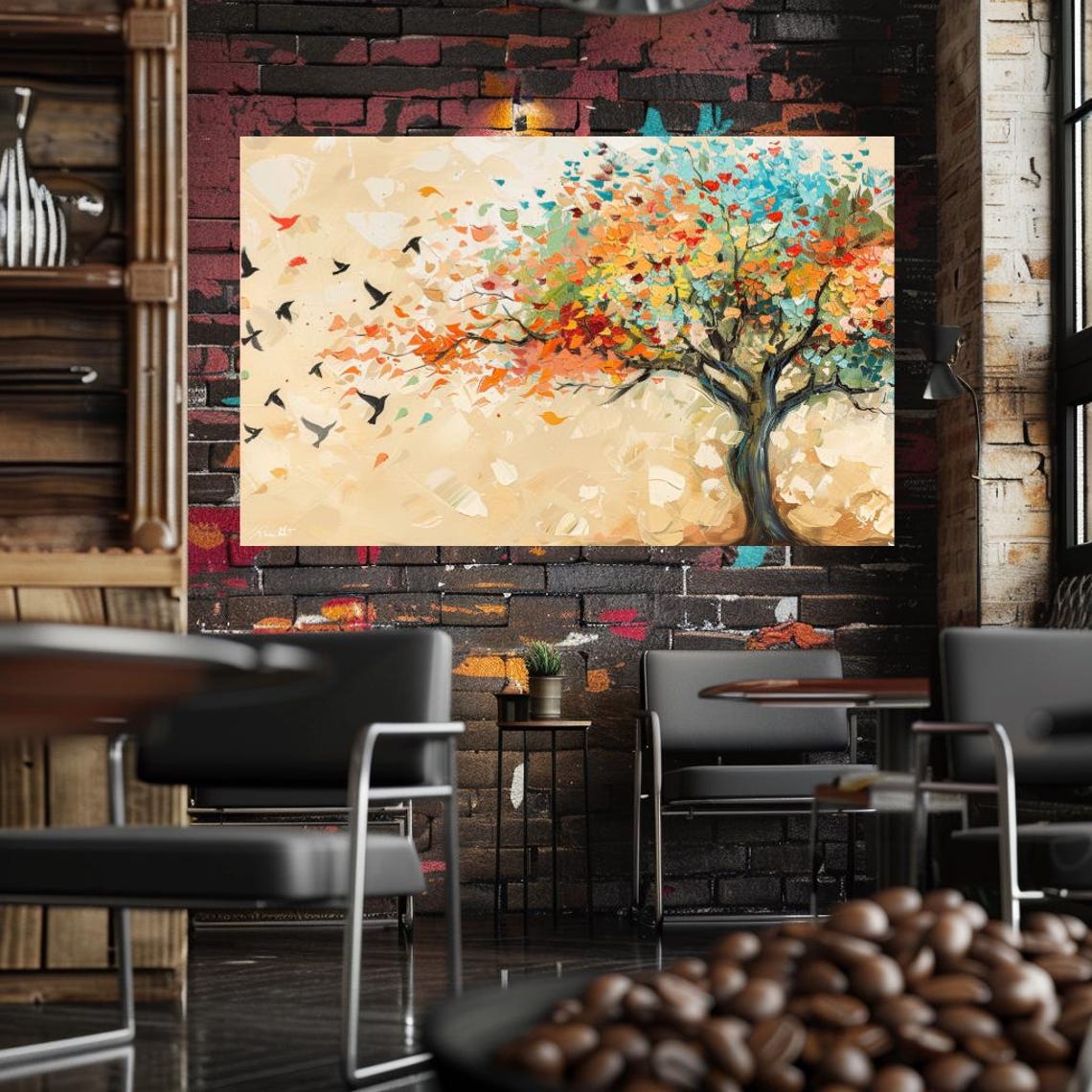 Colorful Autumn Tree Falling Leaves Birds Flying Nature Art Poster - Image 2