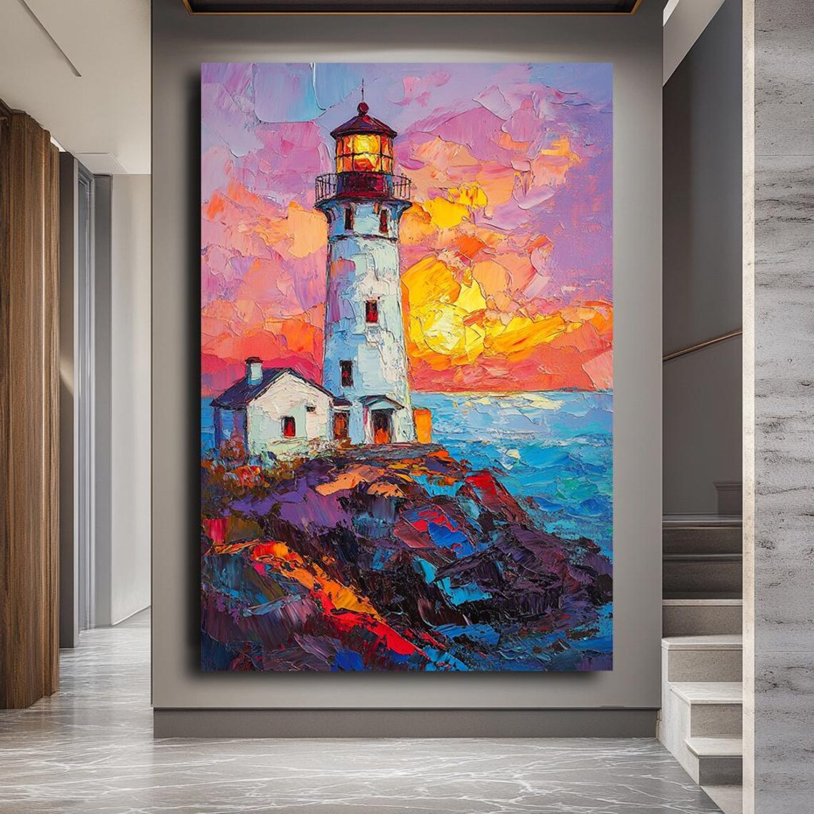 Colorful Lighthouse Sunset Rocky Coast Textured Oil Painting Poster - Image 3