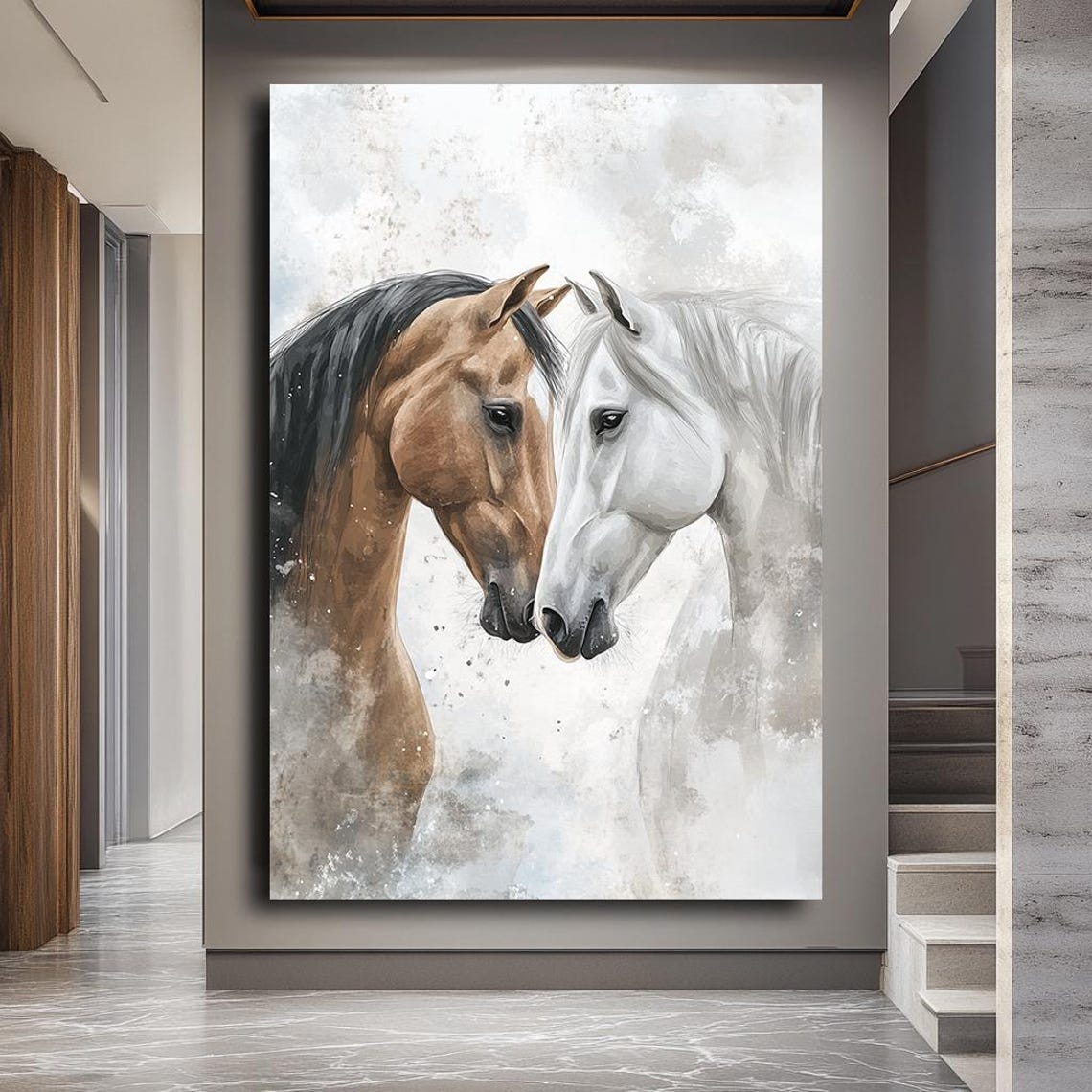 Two Horses Embracing Brown White Watercolor Gentle Animal Poster - Image 3