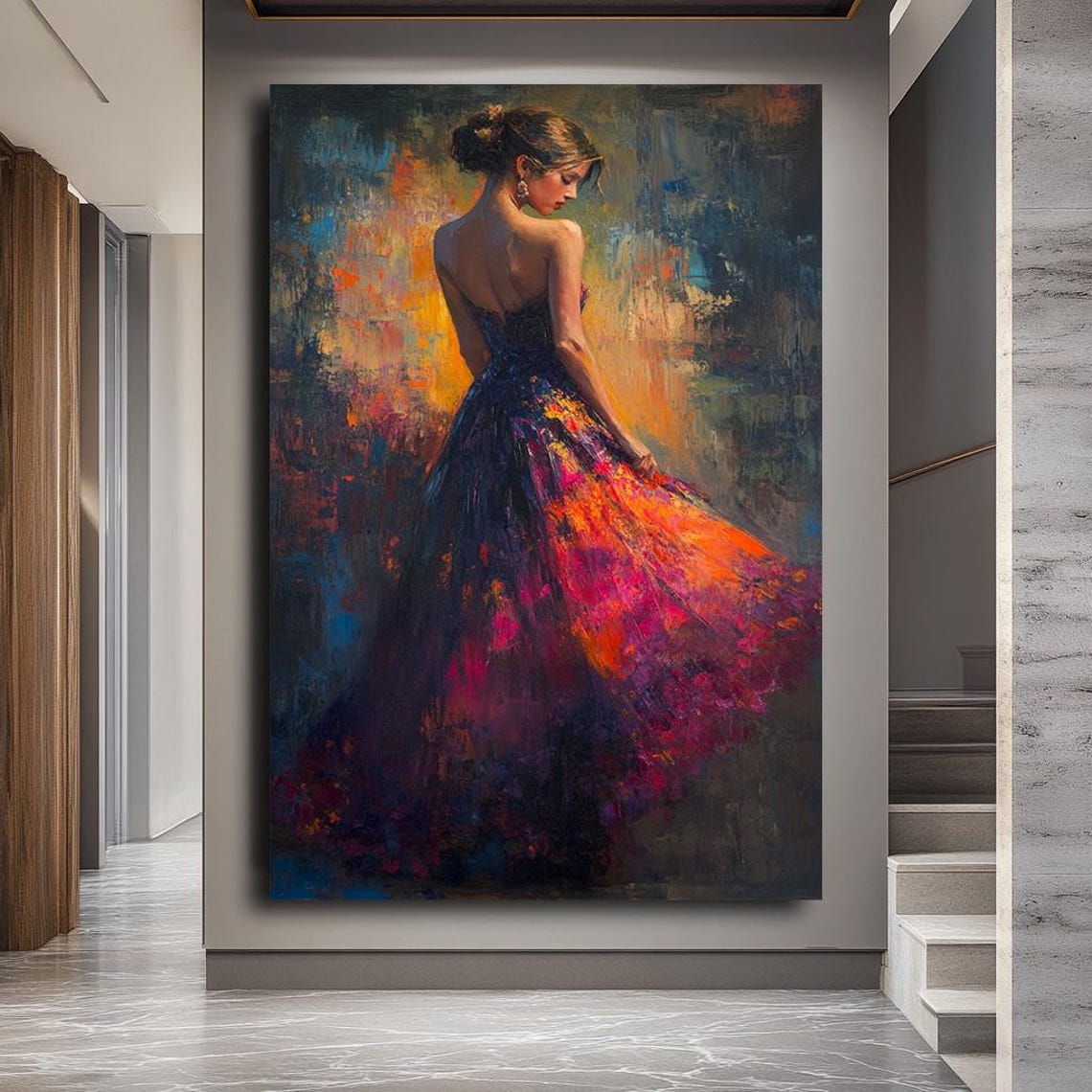 Vibrant Woman Flowing Multicolor Dress Impressionist Painting Poster - Image 2