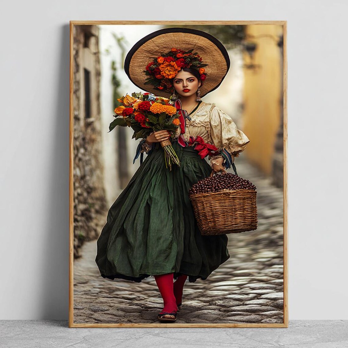 Traditional Folk Woman Art Print, Vintage Mexican Style