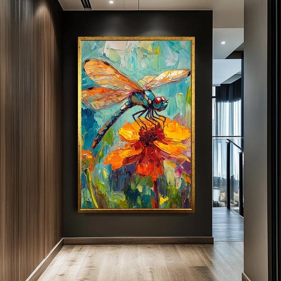 Colorful Dragonfly And Flower Wall Art Vibrant Nature Inspired Decor Bold Botanical Artwork For Living Room Or Bedroom