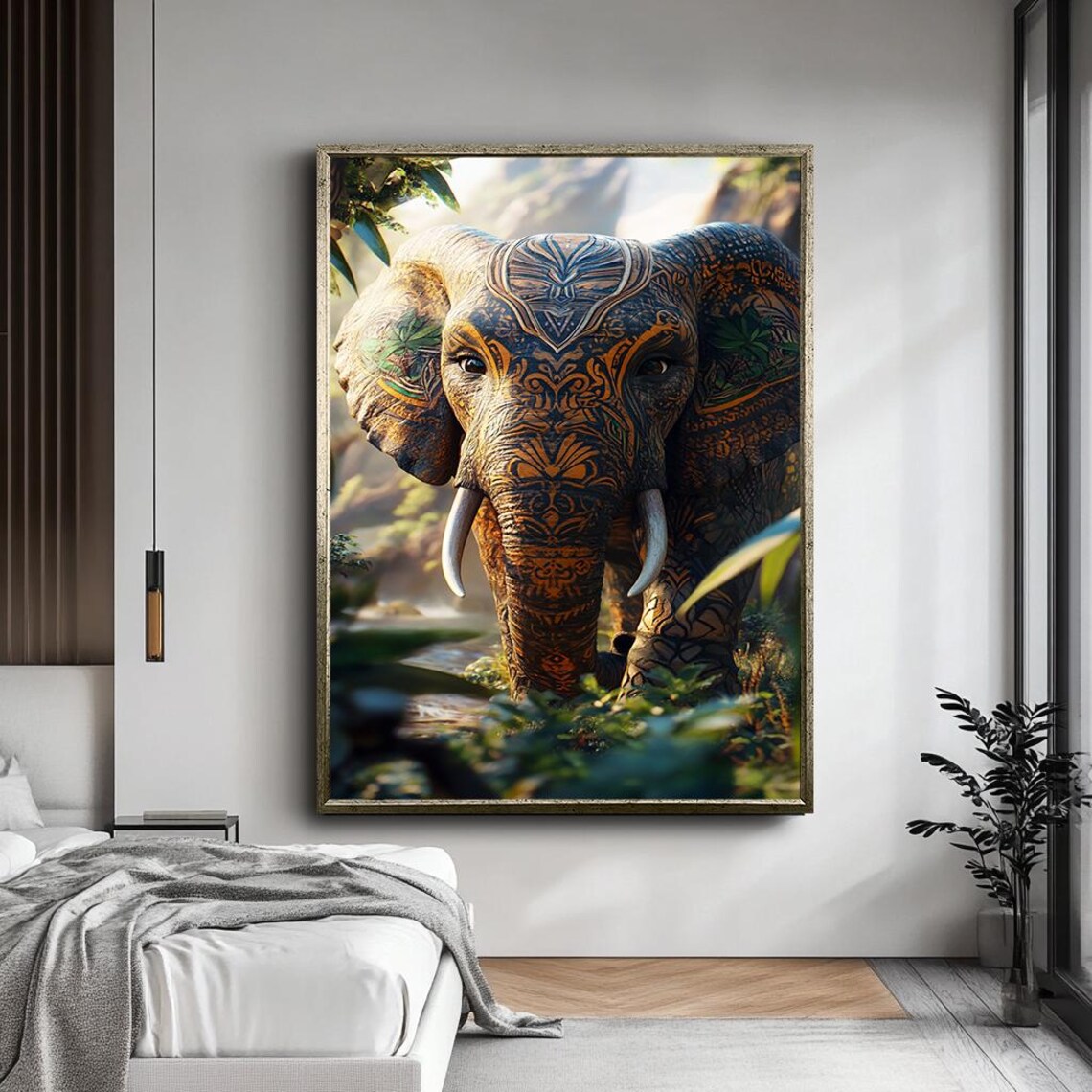 Ornate Tribal Pattern Elephant Portrait Lush Jungle Wildlife Art Print - Image 5