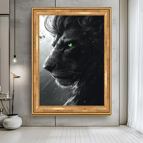 Majestic Black Lion Striking Green Eye Dramatic Wildlife Art Poster