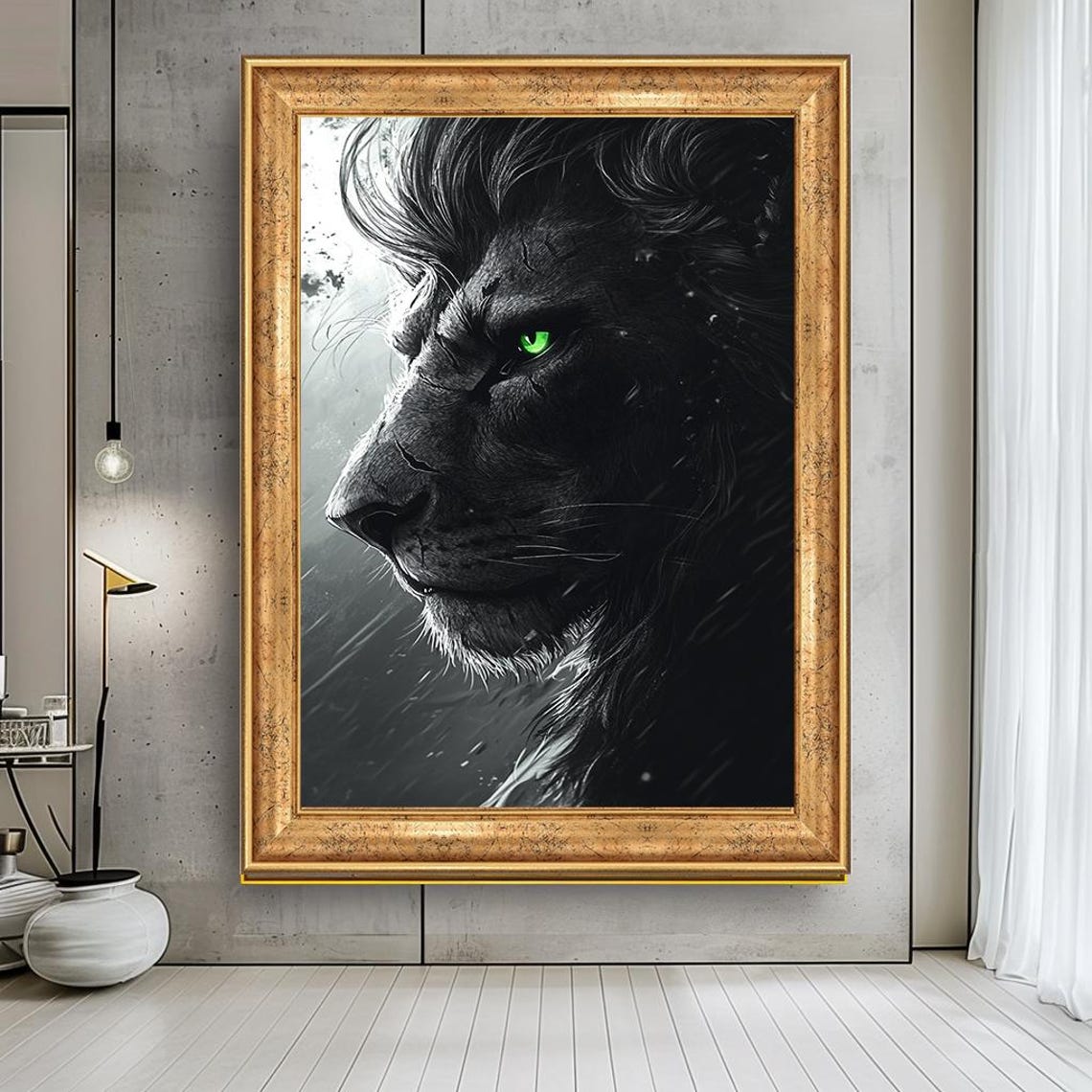 Majestic Black Lion Striking Green Eye Dramatic Wildlife Art Poster