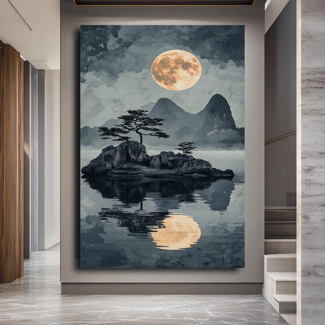 Full Moon Over Mountain Lake Pine Island Ink Wash Night Sky Poster - Image 3