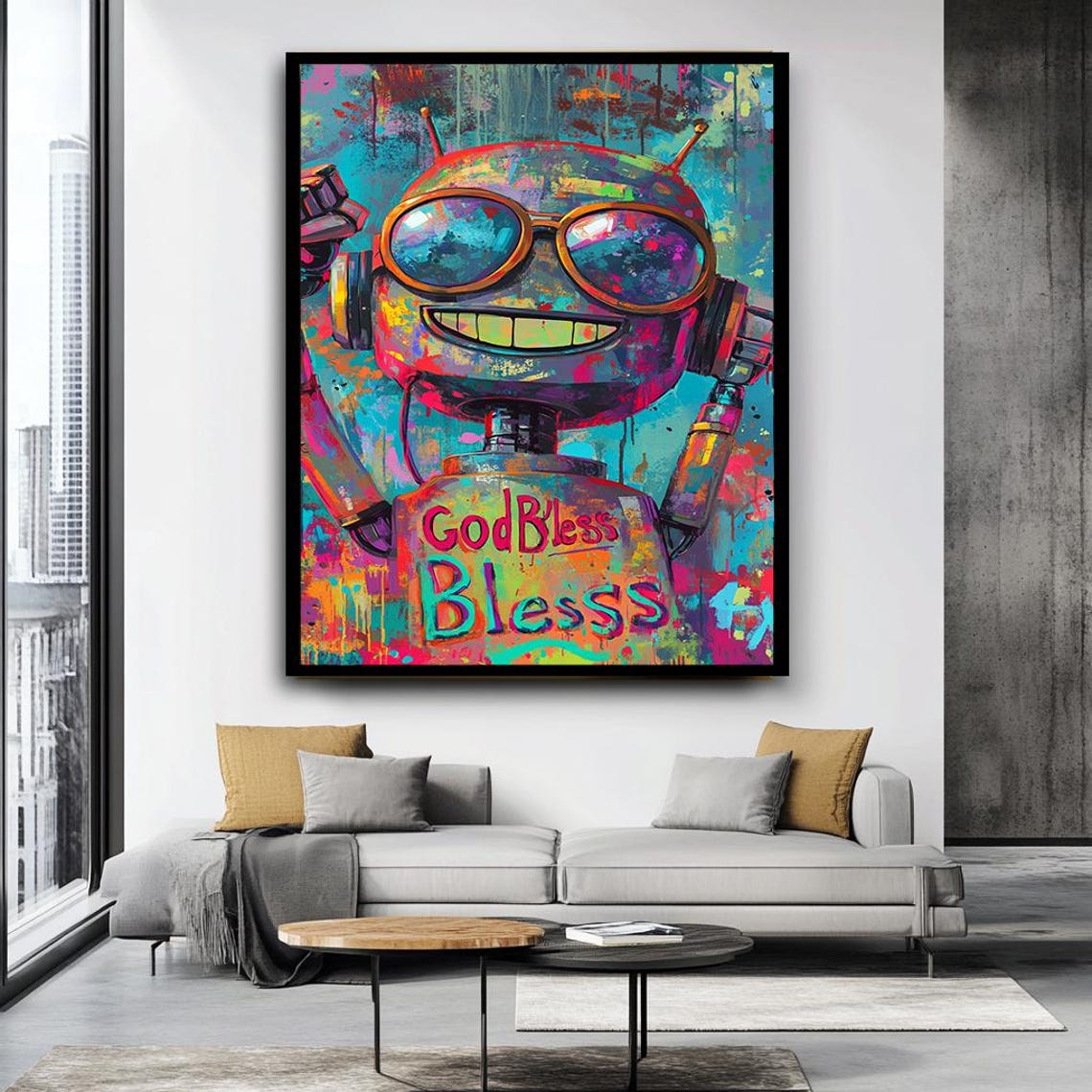 Funky Robot God Bless Graffiti Colorful Urban Pop Art Kids Poster - Image 3