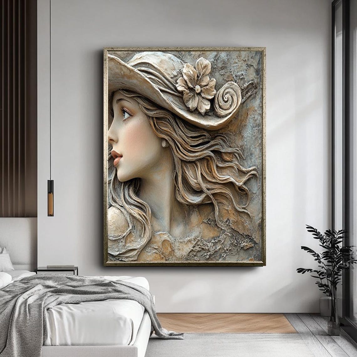 3D Sculptural Woman Profile Hat Stone Relief Romantic Wall Art - Image 5