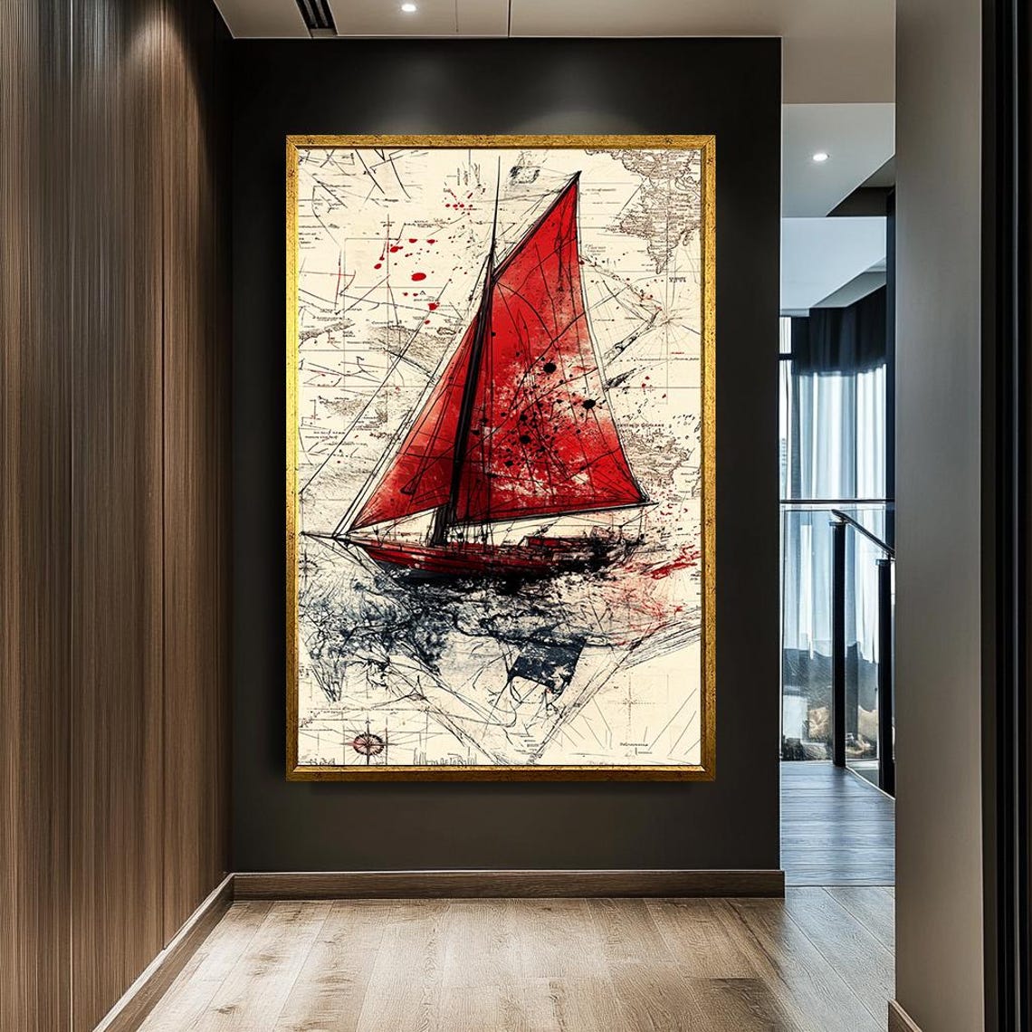 Red Sailboat Vintage World Map Nautical Sketch Maritime Sailing Poster - Image 3
