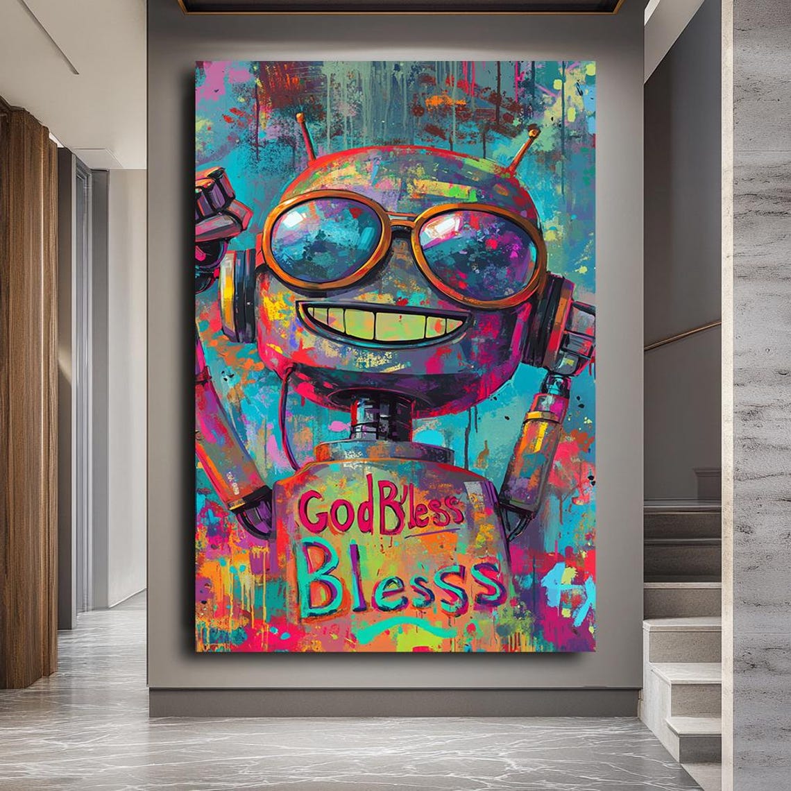 Funky Robot God Bless Graffiti Colorful Urban Pop Art Kids Poster - Image 5