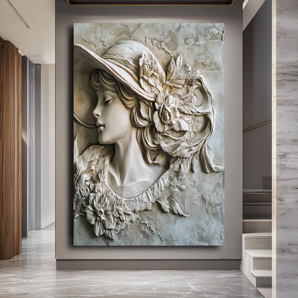 Elegant Woman Floral Hat 3D Stone Relief Cream Vintage Wall Art - Image 3