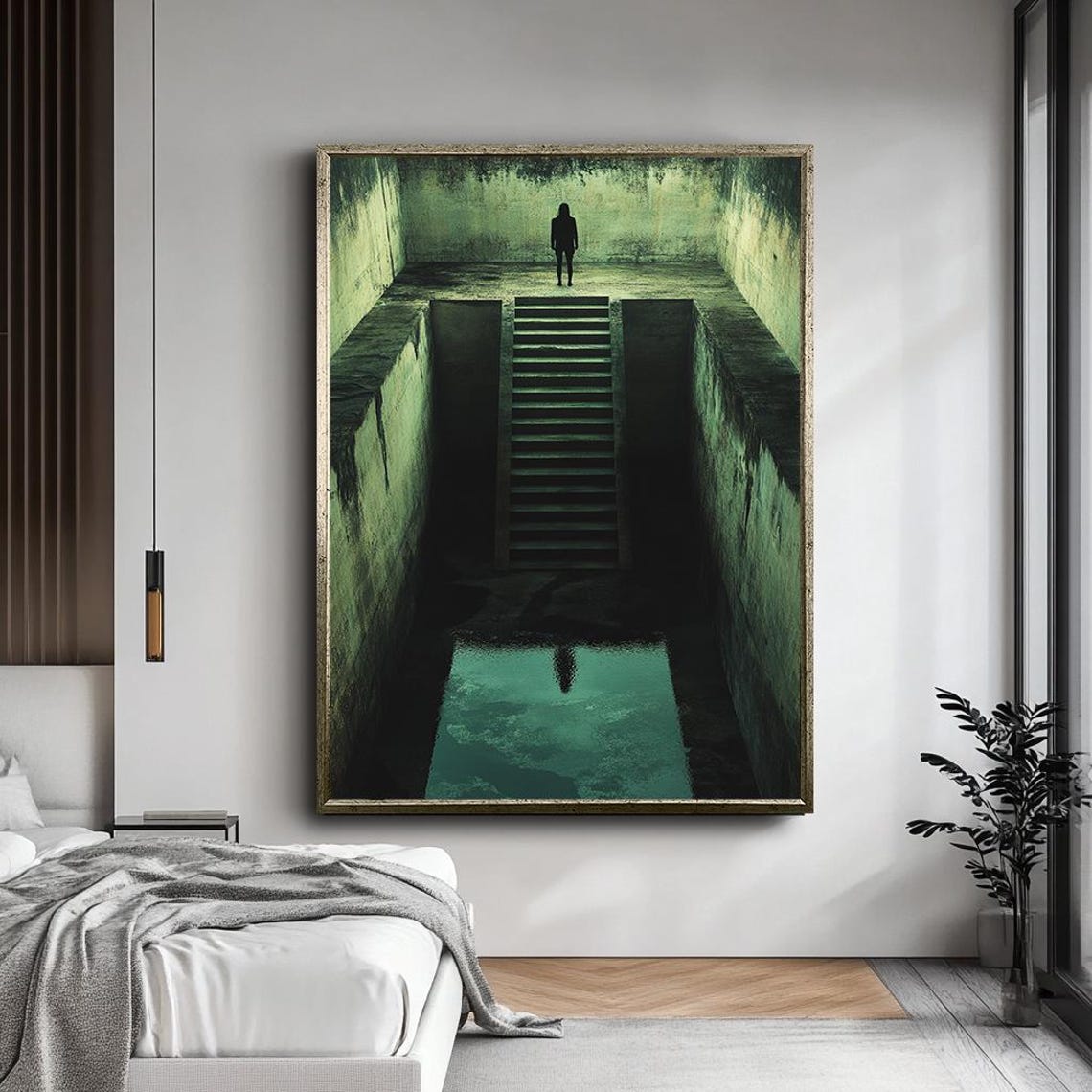 Dark Staircase Lonely Figure Surreal Shadow Water Reflection Print - Image 5