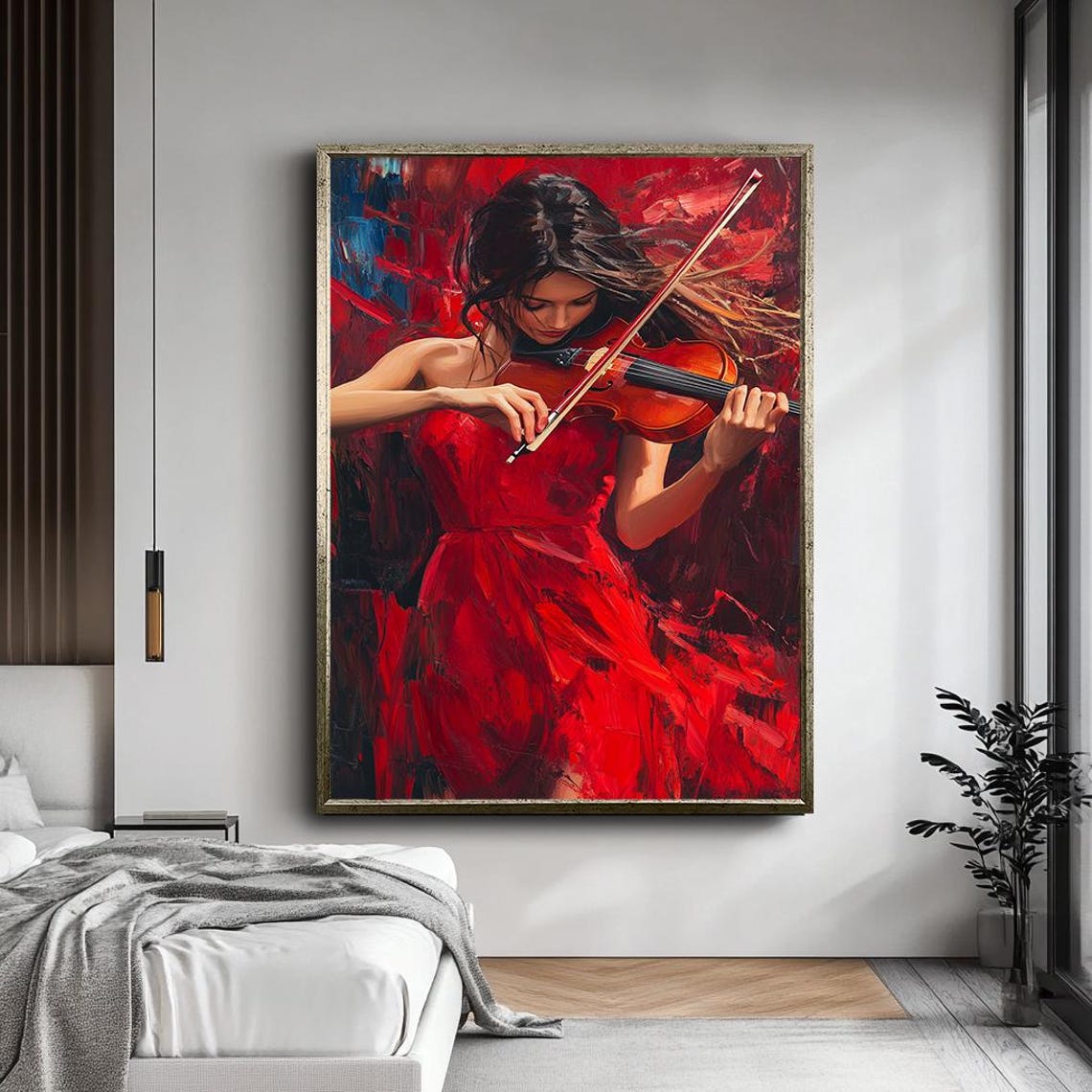 Woman In Red Dress Playing Violin Passionate Musician Wall Art - Image 5