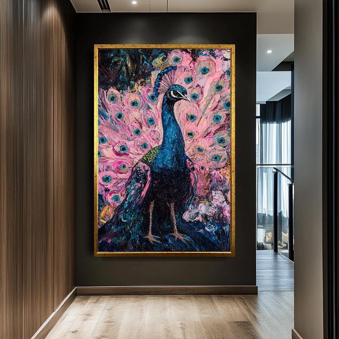 Vibrant Peacock Pink Feathered Tail Blue Body Exotic Bird Poster