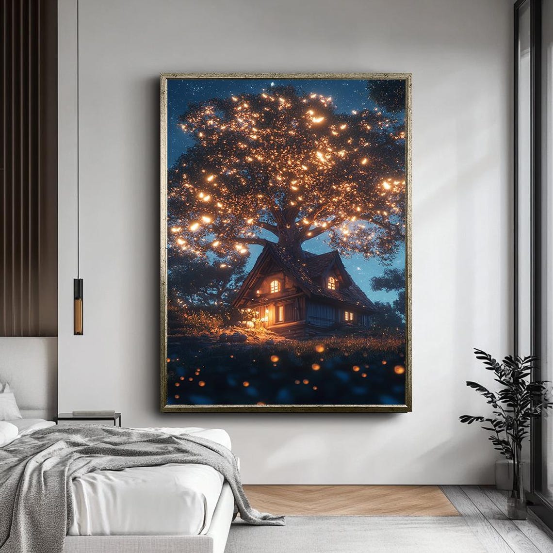 Magical Treehouse Cottage Glowing Fireflies Starry Night Forest Print - Image 5