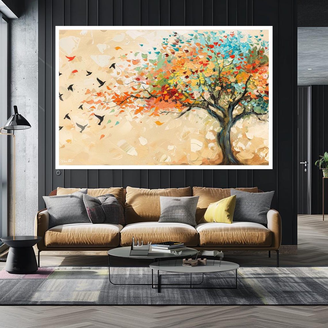 Colorful Autumn Tree Falling Leaves Birds Flying Nature Art Poster