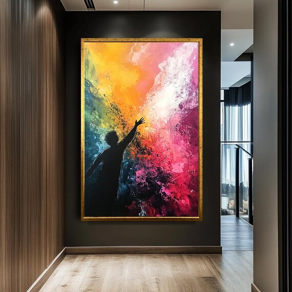 Colorful Abstract Reach Canvas Art Vibrant Expressionist Wall Decor Silhouette And Splash Of Color Inspirational Modern Print