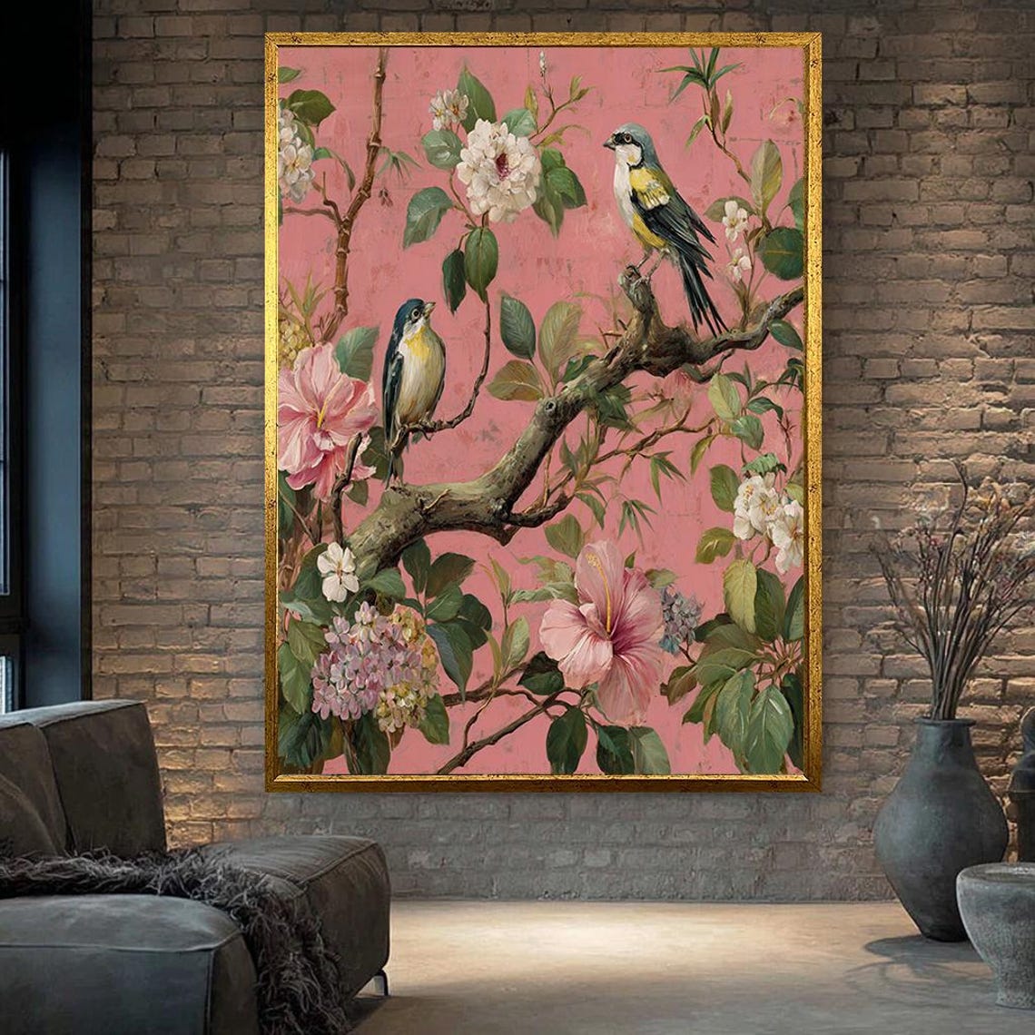 Chinoiserie Birds Blossom Branch Pink Vintage Botanical Art Poster